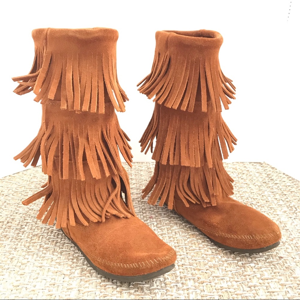 Minnetonka Brown Three Layer Fringe Moccasin Boot - image 2